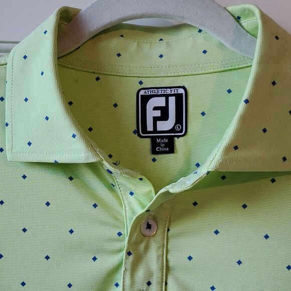 FOOTJOY LIME GREEN GOLF POLO SHIRT BLUE SQUARE DOTS SIZE LARGE ATHLETIC FIT - Picture 2 of 8